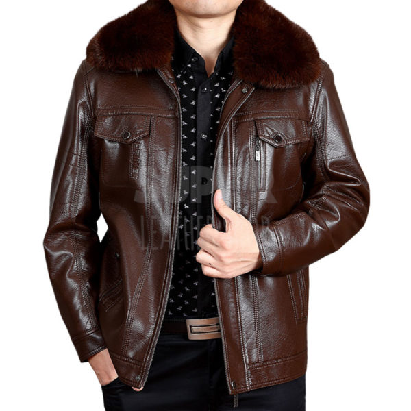 Men-Brown-Leather-Bomber-Jacket-With-Fur-Collar