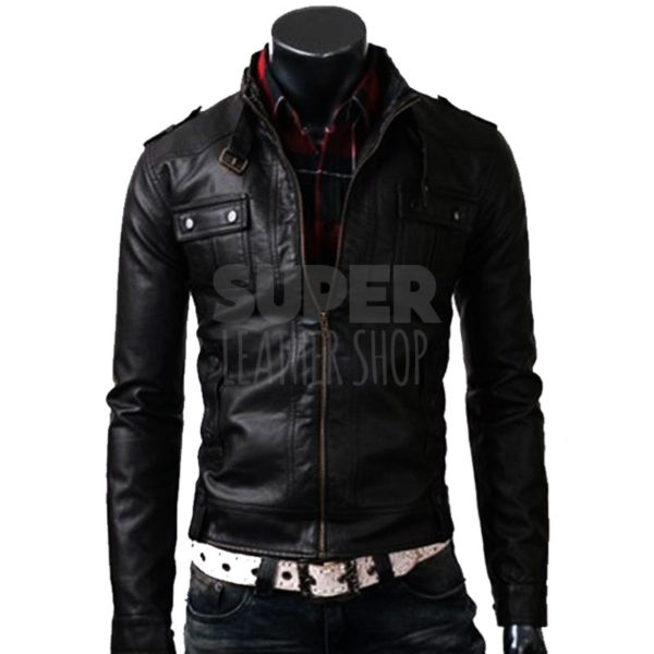 Slim Fit Strap Pocket Black Leather Jacket  (2)