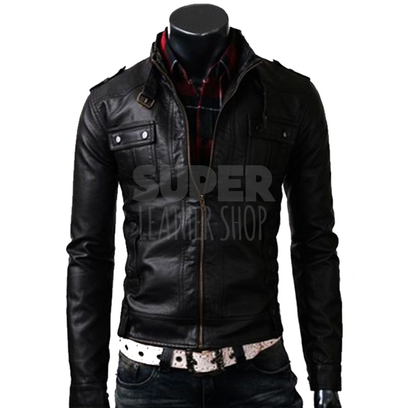 buy online slim fit best black leather jacket strap pocket