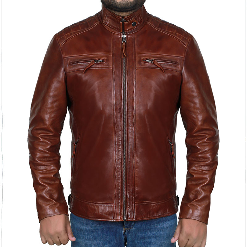 Brown Leather Jacket Mens Cafe Racer Real Lambskin Leather Distressed Motorcycle Jacket