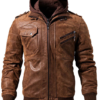 Men Brown Hood Leather Motorcycle Jacket
