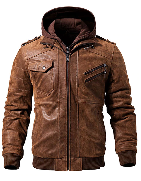 Men Brown Hood  Leather Motorcycle Jacket