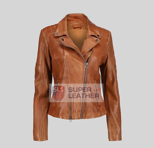 Womens Cognac Leather Jacket Perfecto Style