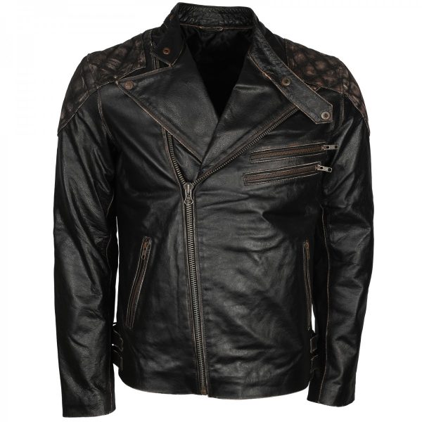 Men's Vintage Distressed Skull Embossed Motorcycle Black Leather Jacket
