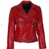 Women Red Leather Jacket With Cone And Tree Spike Studs