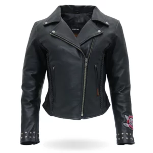 LADIES BLACK BRAIDED MOTORCYCLE LEATHER BIKER JACKET WITH EMBROIDERED BLING ROSE DESIGN