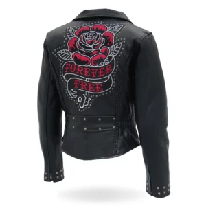 LADIES BLACK BRAIDED MOTORCYCLE LEATHER BIKER JACKET WITH EMBROIDERED BLING ROSE DESIGN