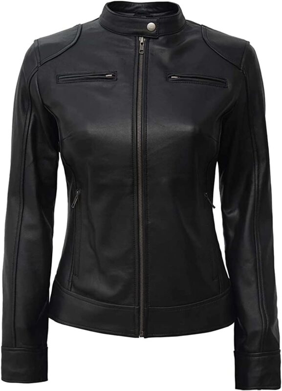 Womens Black Real Leather Moto Jacket