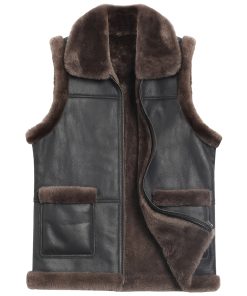 Men’s Coffee Brown Genuine Leather Faux Fur Lined Vest