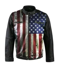 Mens American Flag Vintage Black Motorcycle Leather Jacket