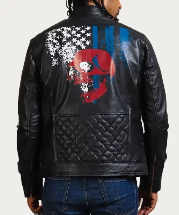 Men’s Black Leather Biker Jacket with American Flag Skull