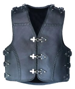 Black Heavy-Duty Motorcycle Leather Vest - 3-4mm Thickness