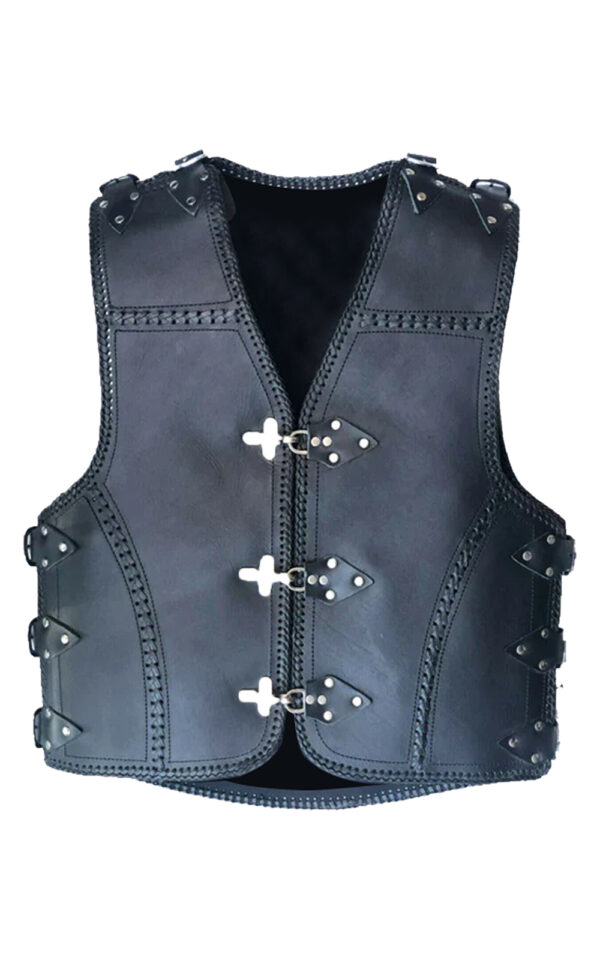 Black Heavy-Duty Motorcycle Leather Vest - 3-4mm Thickness