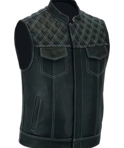 DIAMOND QUILTED MOTORCYCLE CLUB LEATHER VEST in BLACK/RED