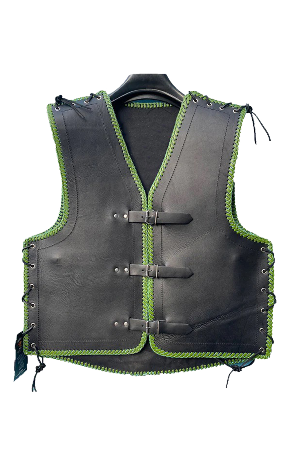 Mens Leather Braided Motorcycle Club Vest Green Braiding photo