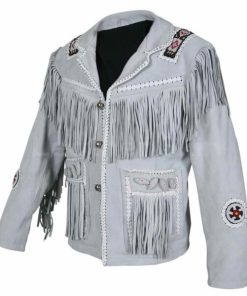 Men White Fringes Cowboy Suede Leather Jacket Western Style