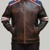 American Flag on Shoulder Men Brown Leather Jacket