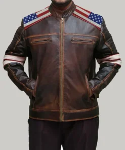 American Flag on Shoulder Men Brown Leather Jacket