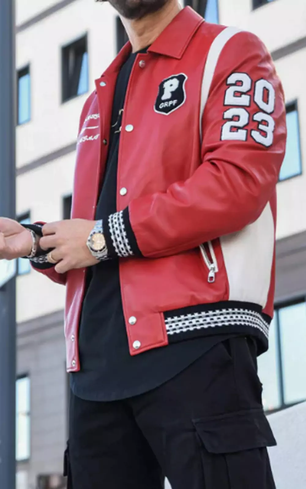 Red Button Leather Bomber Varsity Trucker Jacket