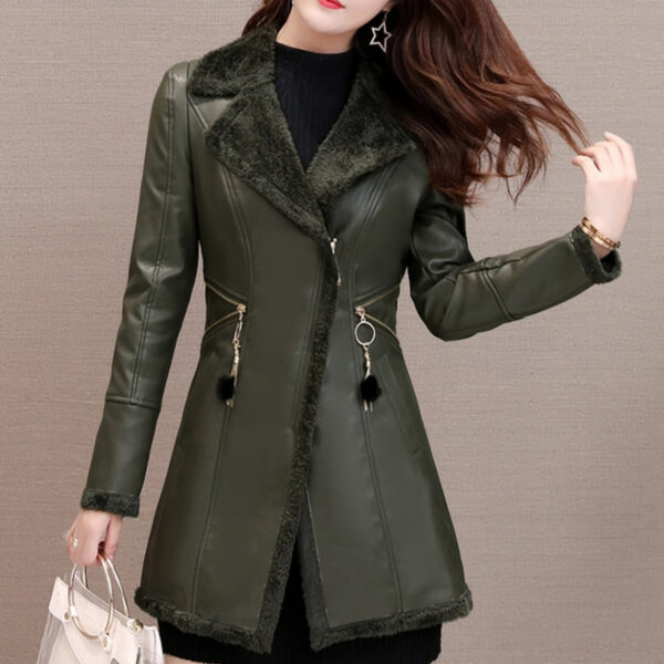 Women’s Green Genuine Sheepskin Warm Trench Style Leather Coat Jacket