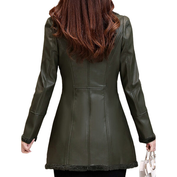Women’s Green Genuine Sheepskin Warm Trench Style Leather Coat Jacket