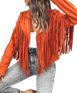 women's orange genuine suede tassel lapel long sleeve motor biker Native American vintage cropped leather jacket