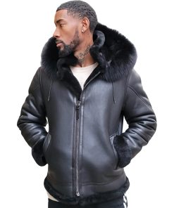Men’s Black Bomber Genuine Sheepskin Sherpa Shearling Faux Fur Hooded Winter Warm Thick Punk Style Drawstrings Leather Jacket