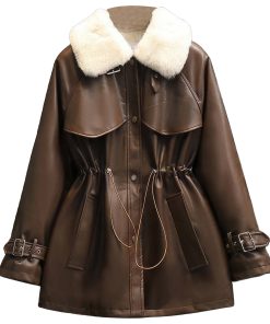 Women’s Auburn Genuine Sheepskin Sherpa Shearling Faux Fur Lined Casual Fashion Thick Oversized Waist Drawstring Leather Jacket