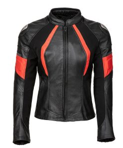 Women’s Black Biker Genuine Cowhide Stand Collar Cycling Protective Orange Stripped Slim Fit Moto Racing Four Seasons Leather Jacket