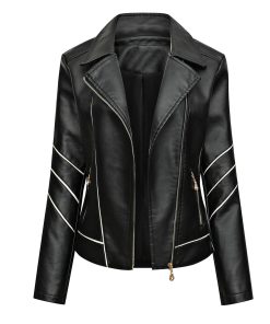 women's black racer genuine sheepskin white stripes asymmetric motorcycle café racer slim fit sporty leather jacket