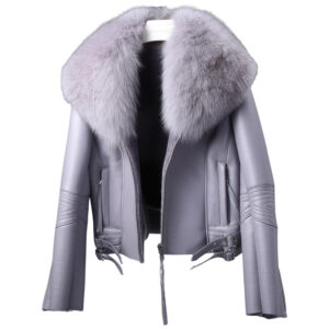 Women’s Pastel Purple Genuine Sheepskin Sherpa Shearling Faux Fur Collar Thick Casual Classic Warm Fashion Luxury Leather Jacket