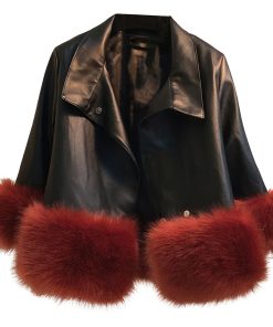 Women’s Black Genuine Sheepskin Sherpa Shearling Faux Fur Cuffs Fashionable Casual Classic Winter Warm Slim Fit Leather Jacket