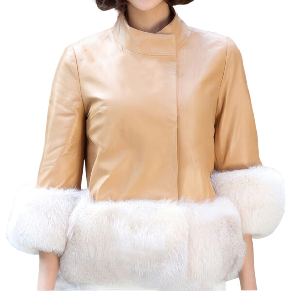 Women’s Black Genuine Sheepskin Sherpa Shearling Faux Fur Cuffs Fashionable Casual Classic Winter Warm Slim Fit Leather Jacket