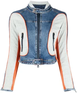 DIESEL Cropped Biker Jacket For Women In Blue & White Contrast Panel