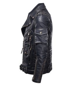 Men’s Black Biker Brando Genuine Cowskin Lapel Collar Fashion Casual Classic Asymmetric Café Racer Retro Lightweight Leather Jacket