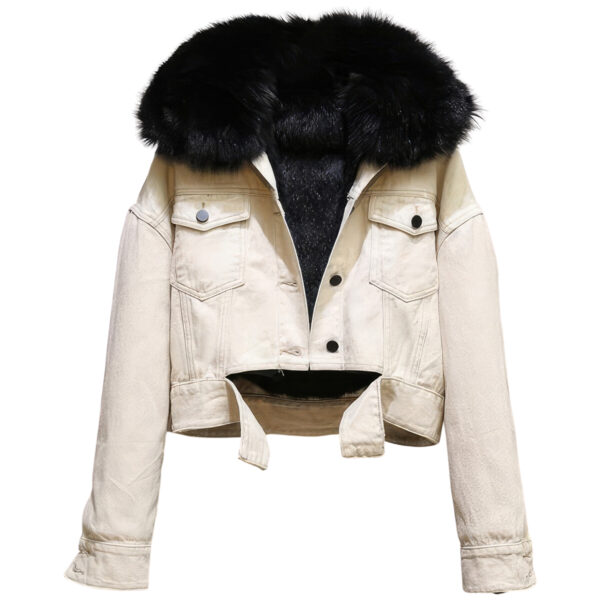 Women's White Genuine Denim Sherpa Shearling Faux Fur Lined Cropped Top Jeans Jacket