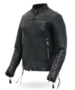 MOTORCYCLE STYLE LACE UP SLEEVES LEATHER BIKER JACKET