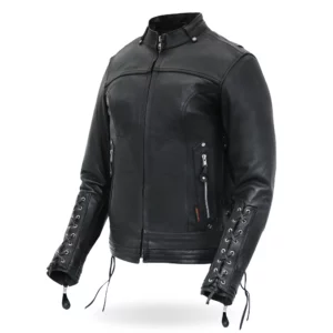 MOTORCYCLE STYLE LACE UP SLEEVES LEATHER BIKER JACKET