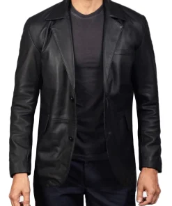 Men Black Genuine Leather Blazer