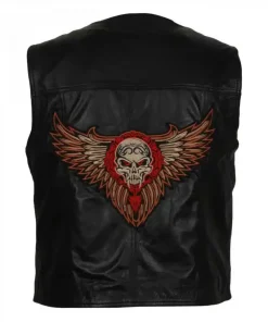 Men's Black Motorcycle Skull Embroidered Real Leather Vest