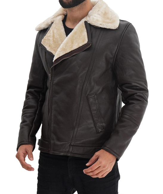 Mens Asymmetrical Faux Shearling Leather Jacket