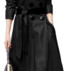 Women’s Black Double Breasted Long Maxi Belted Leather Trench Coat
