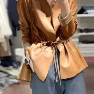 Women’s Sepia Brown Round Neck Casual European Streetwear Pleated Simple Classic Leather Coat
