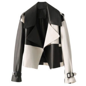 Women’s Genuine Sheepskin Black & White Lapel Collar Chess Sporty Casual High-End Streetwear Check Leather Jacket