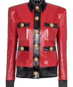 Balmain For Women Two-Tone Patent Red Leather Jacket
