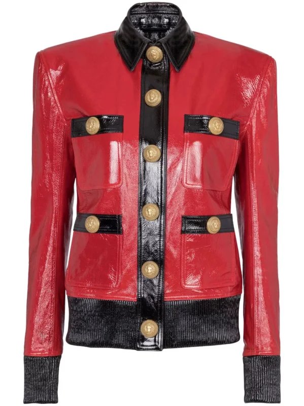 Balmain For Women Two-Tone Patent Red Leather Jacket