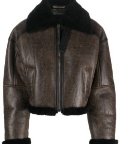 Women’s brown black shearling-trim leather Jacket