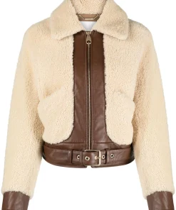 Women’s Beige Brown Shearling Leather Bomber Jacket