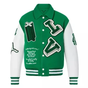 Unisex  Louis Vuitton Bomber Green White Varsity Leather Jacket