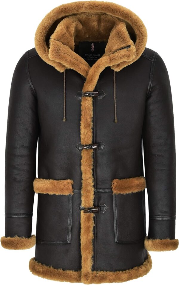 Super Leather Shop Mens genuine shearling sheepskin duffle coat